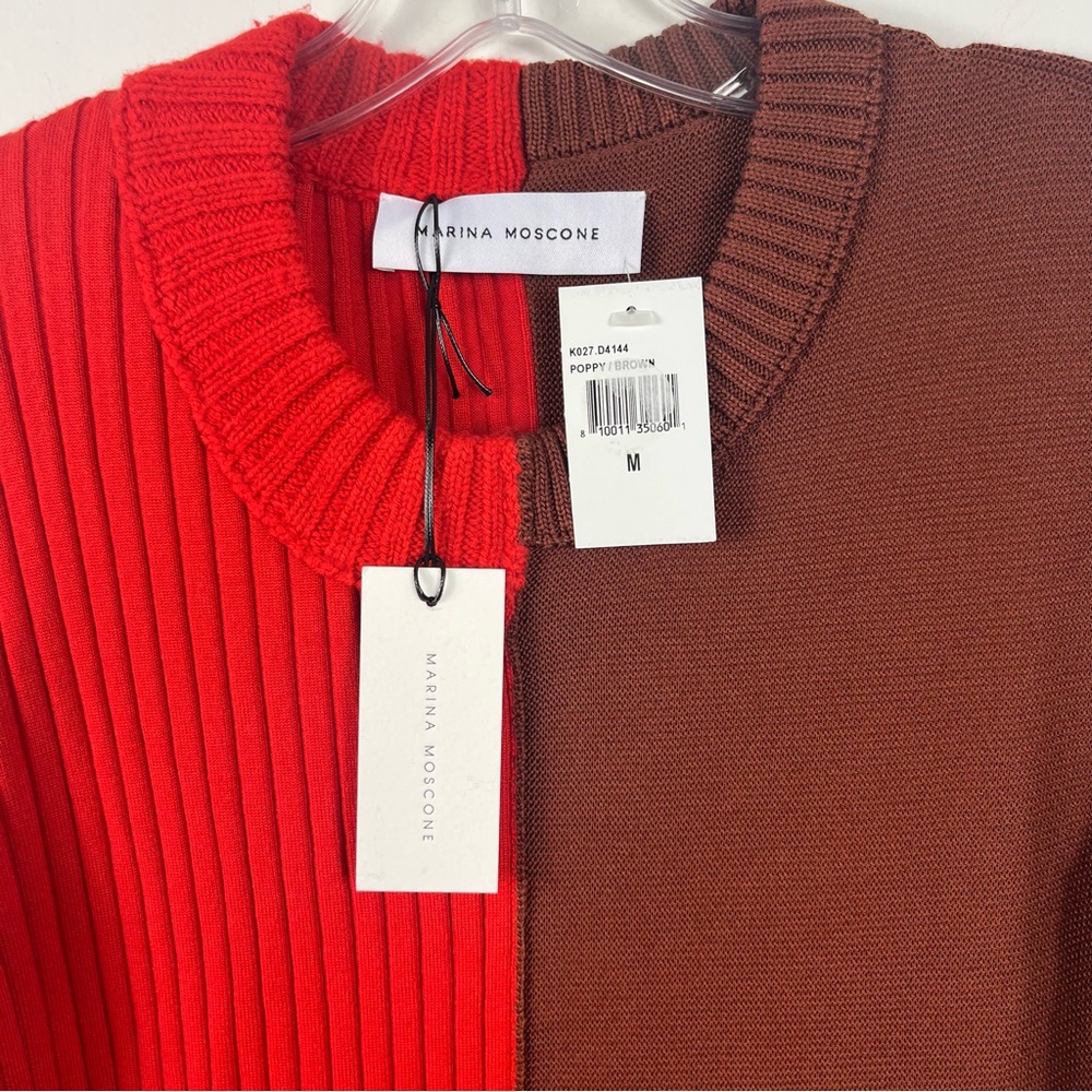 Marina Moscone Patchwork Knit Two Tone Long Sleeve Dress Medium NWT Poppy Brown - Picture 3 of 7